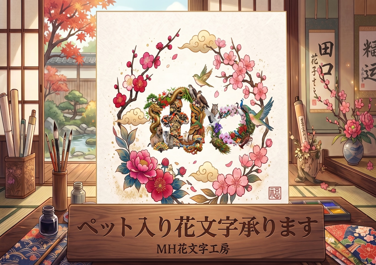 ペットが入る開運花文字アート制作します 愛犬・愛猫のお写真から世界に一つの吉兆アートをお描きします イメージ1
