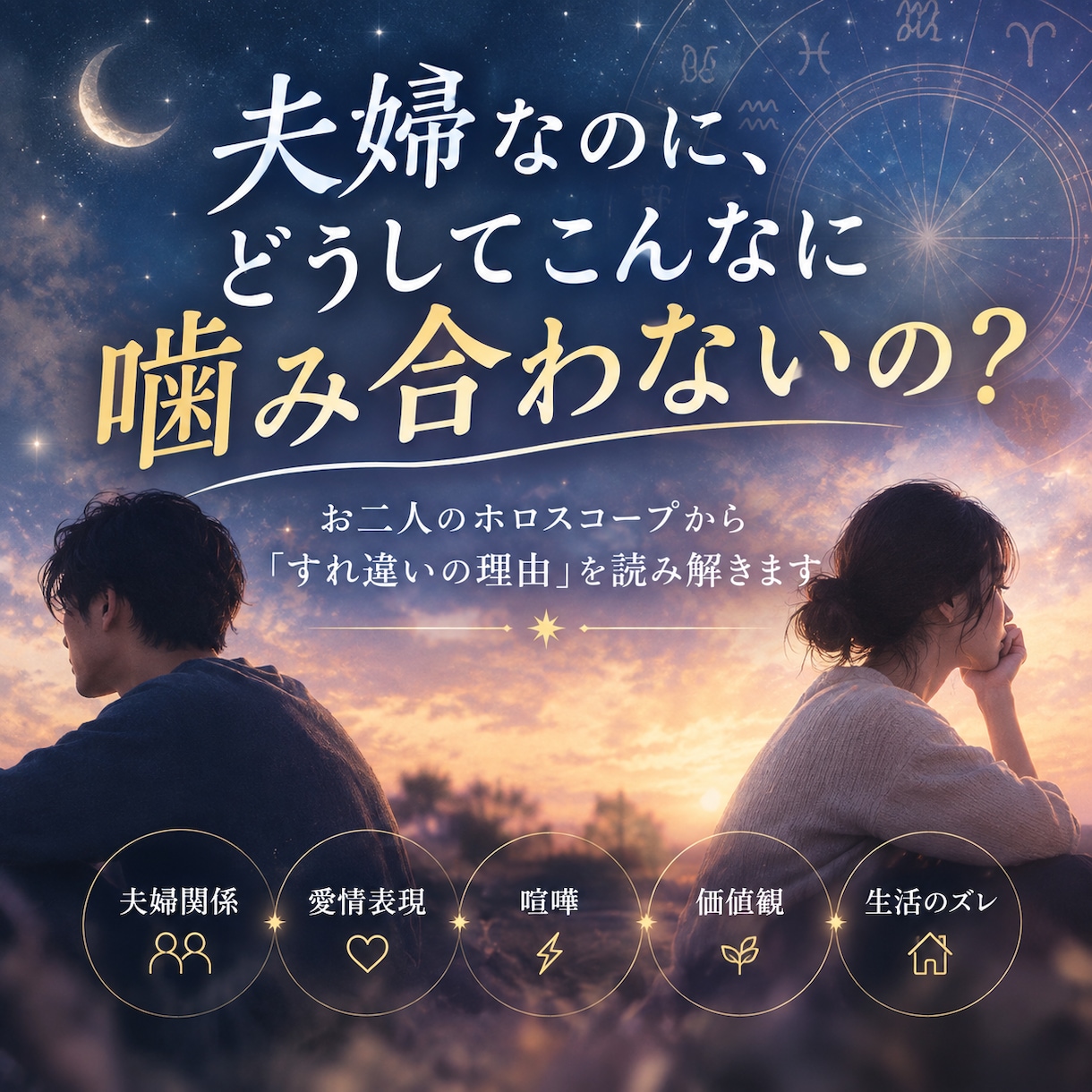 夫婦》噛み合わない理由をホロスコープで読み解きます 愛情表現・価値観違い・喧嘩の原因など、結婚生活を星から深掘り イメージ1
