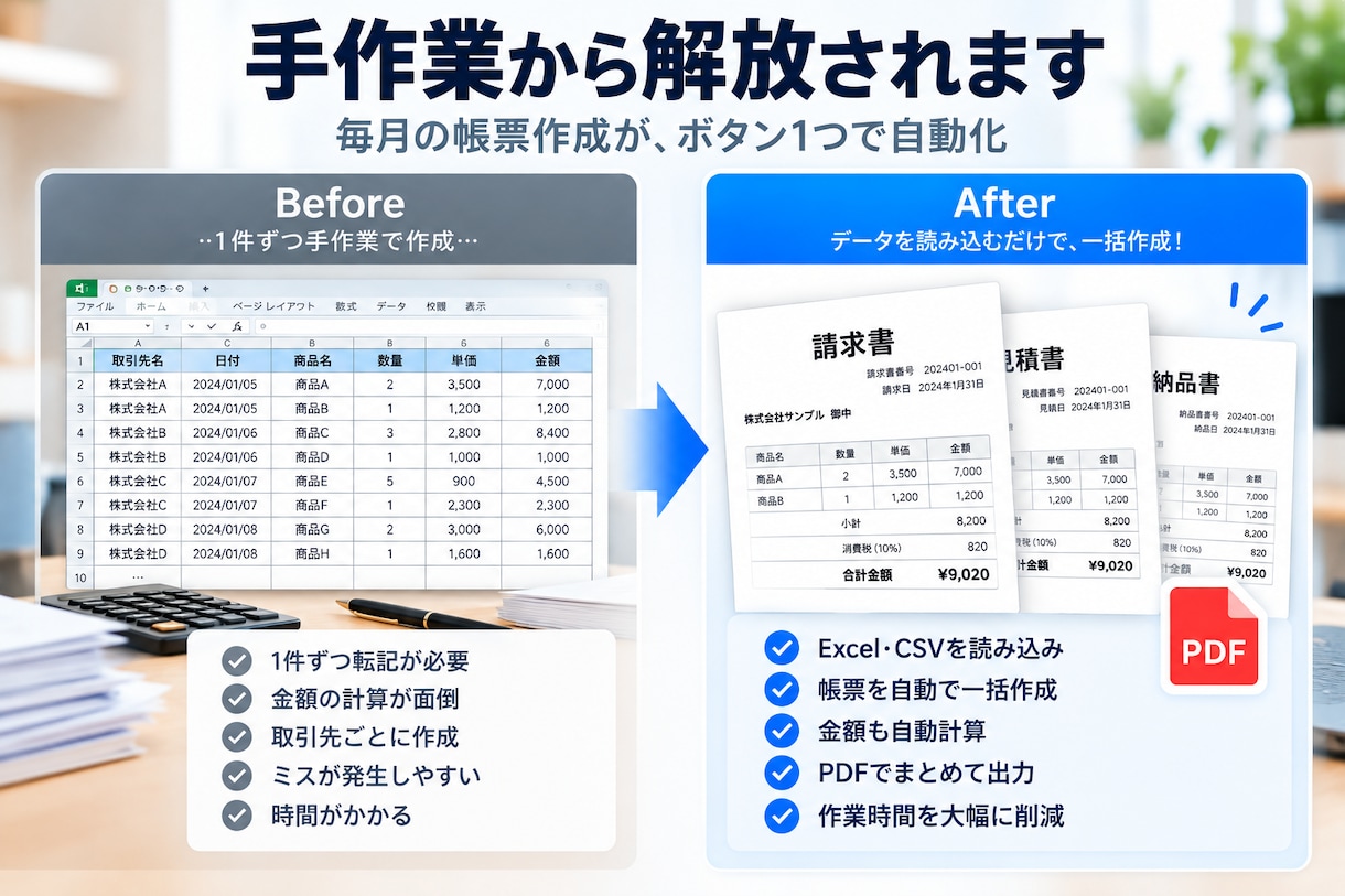 Excel・CSVから請求書を一括作成します 取引先ごとの請求書を自動作成｜PDF出力までまとめて完了 イメージ3
