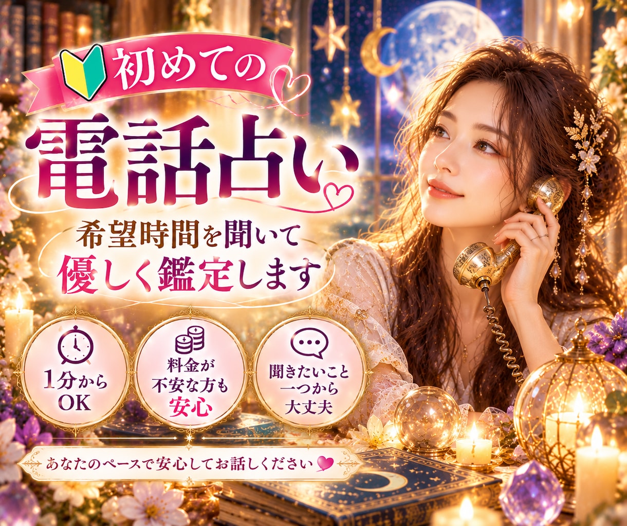 初めての電話占い♡希望時間を聞いて優しく鑑定します 料金が不安な方へ♡聞きたいこと一つからお話しください イメージ1