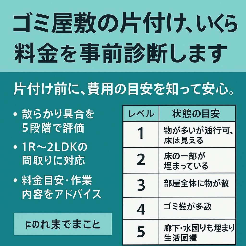 ゴミ屋敷の片付け、いくら？料金を事前診断しますます 片付け前に、費用の目安を知って安心。 イメージ1