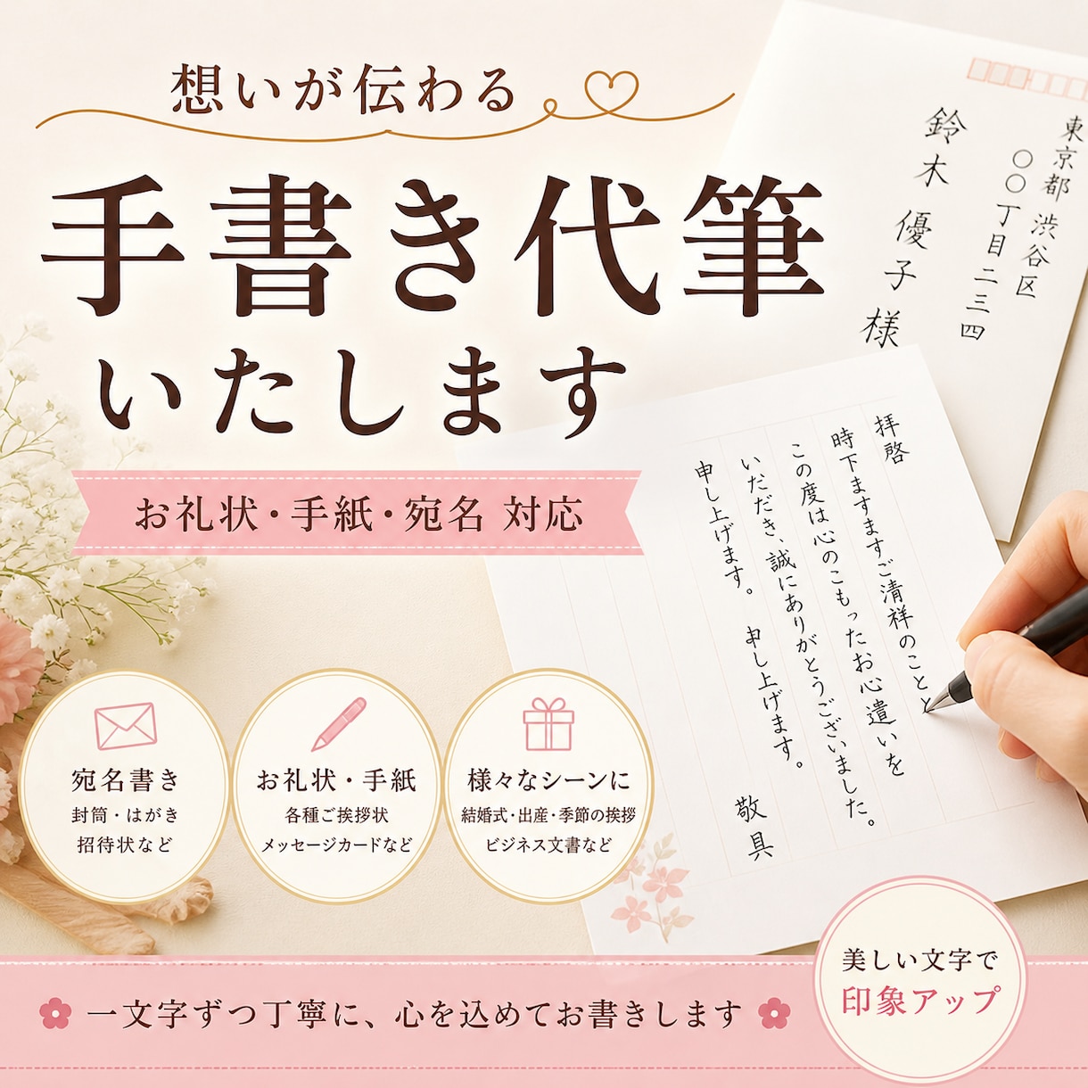 お礼状・手紙・宛名を丁寧に代筆します 一文字ずつ丁寧に｜想いが伝わる手書き代筆サービス イメージ1