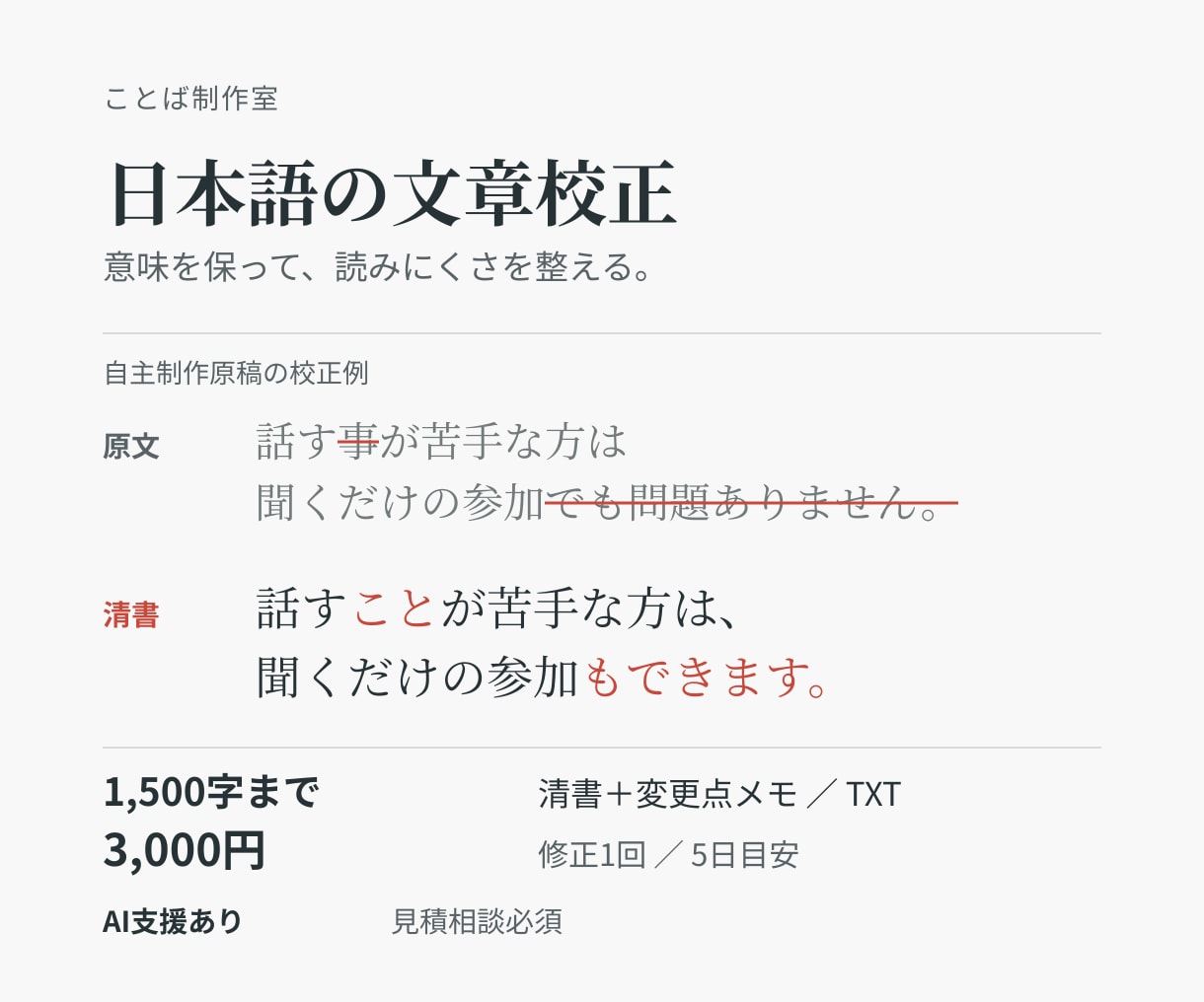 日本語原稿の誤字と読みにくさを整えます 1500字まで。清書と変更点をセットでお返し イメージ1
