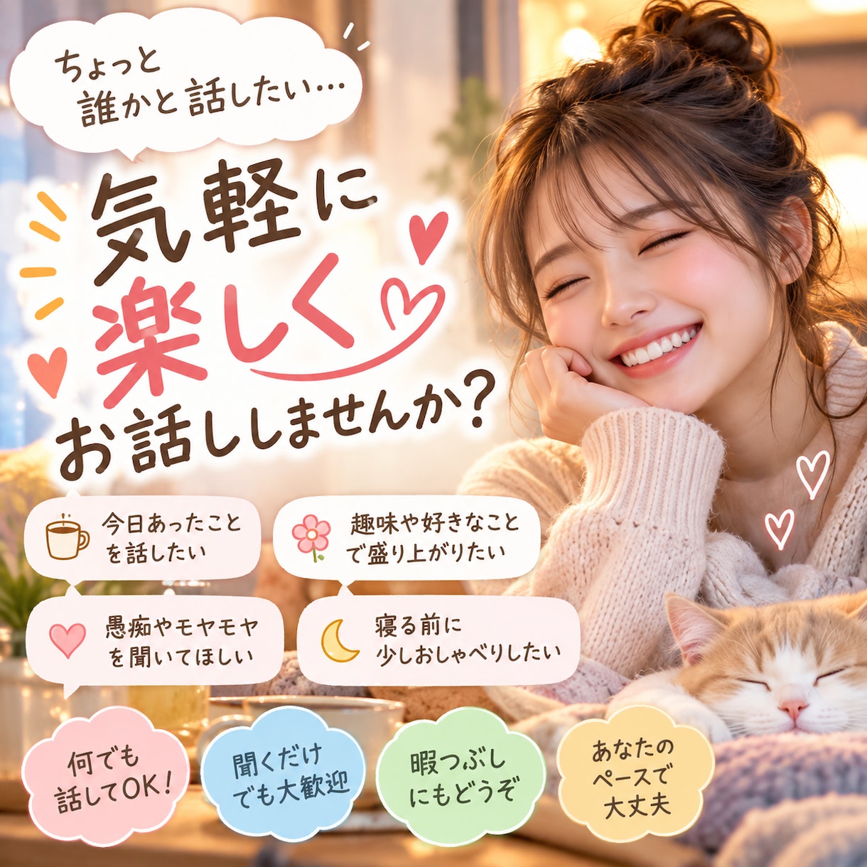 誰かと話したい時のお相手します 今日あったこと、好きなこと、愚痴まで何でもどうぞ♪ イメージ1