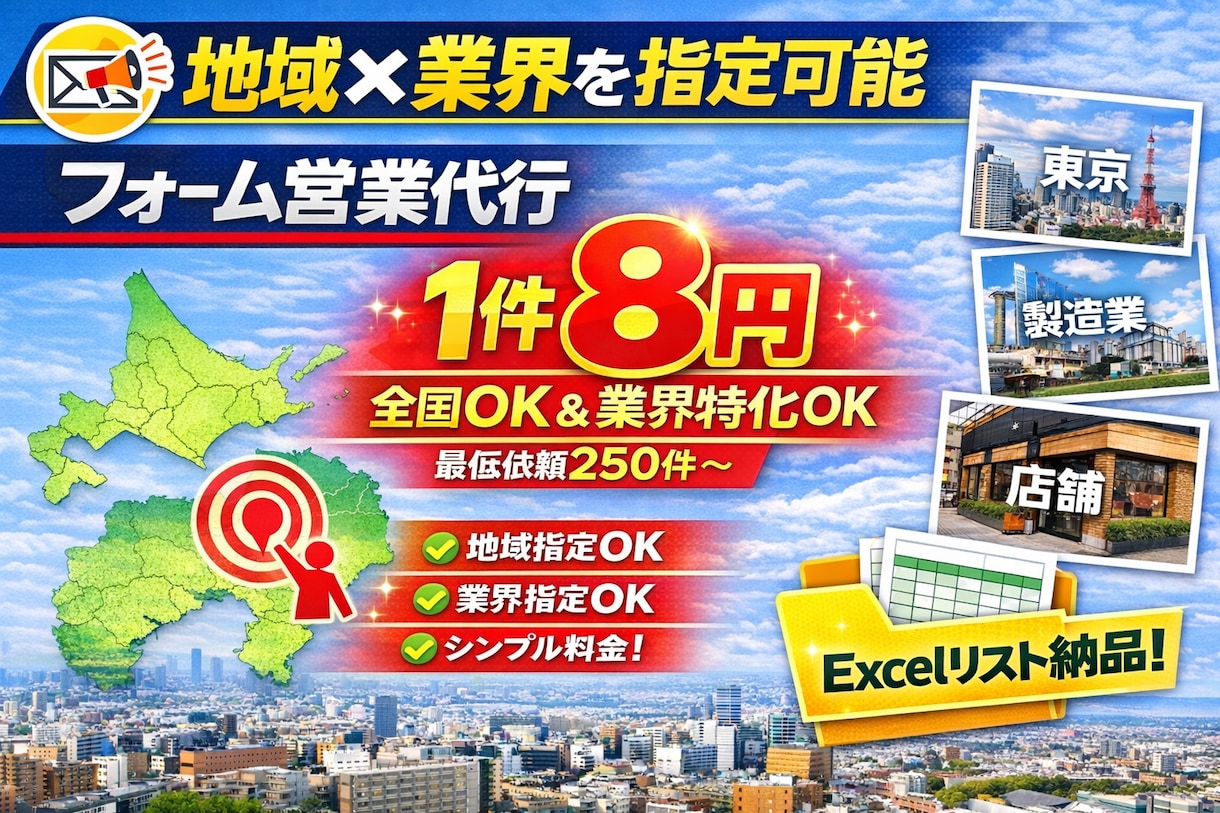 営業メッセージ送信代行します 地域×業界で狙い撃ち。1件8円のフォーム営業代行 イメージ1