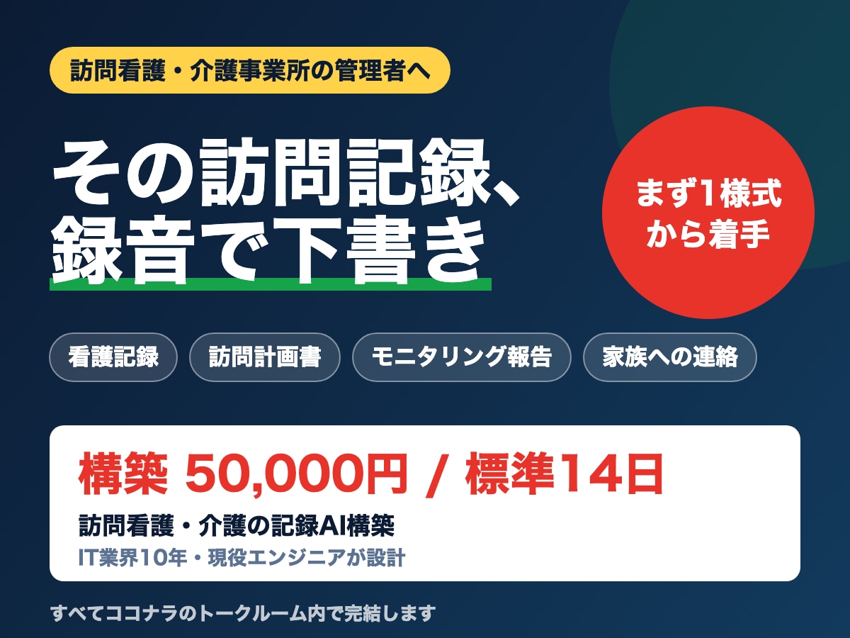 訪問看護・介護AI業務自動化を構築します 音声録音→記録の下書きへ。事業所専用AIで現場の時短 イメージ1