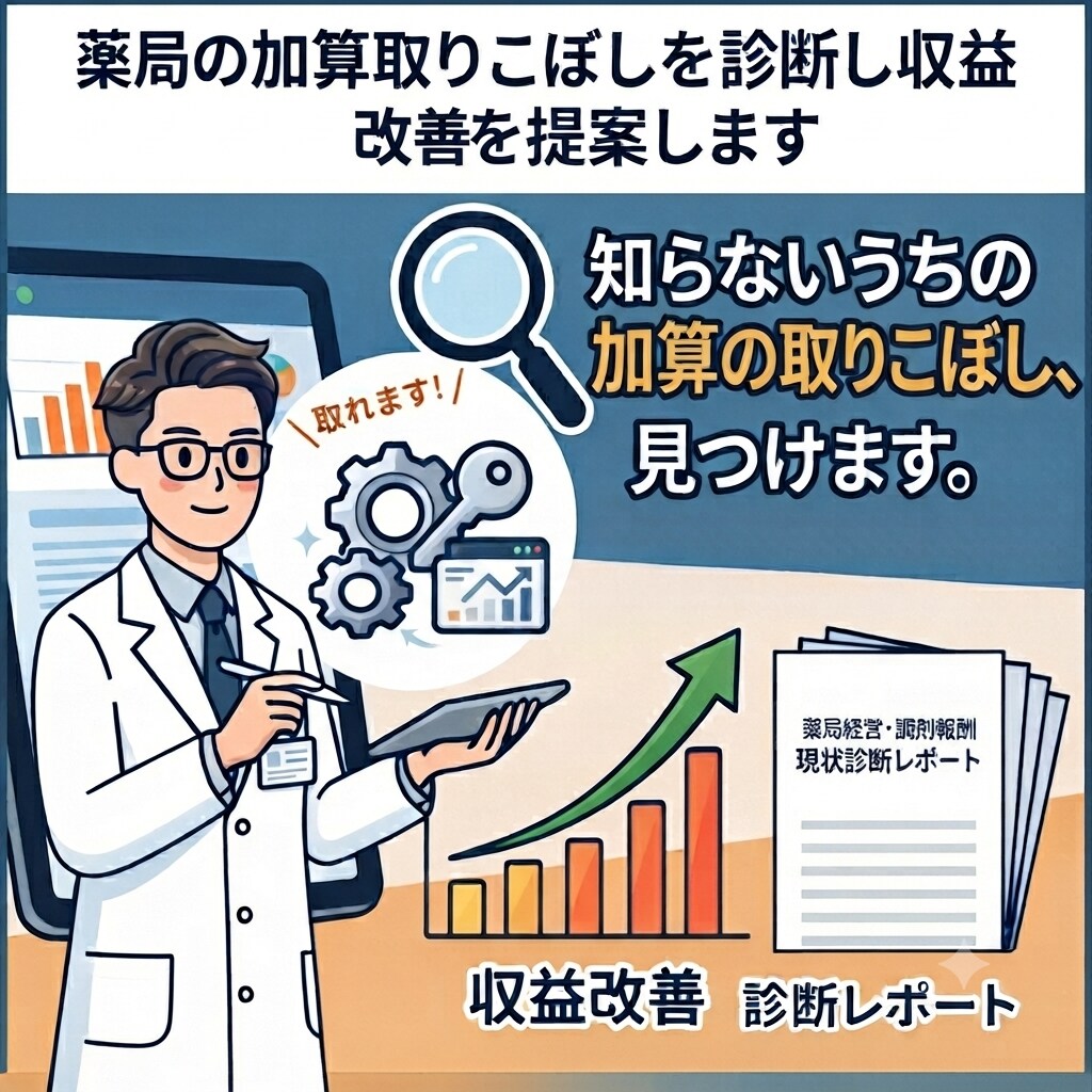 薬局の加算取りこぼしを診断し収益改善を提案します 知らないうちの加算の取りこぼし、見つけます。 イメージ1