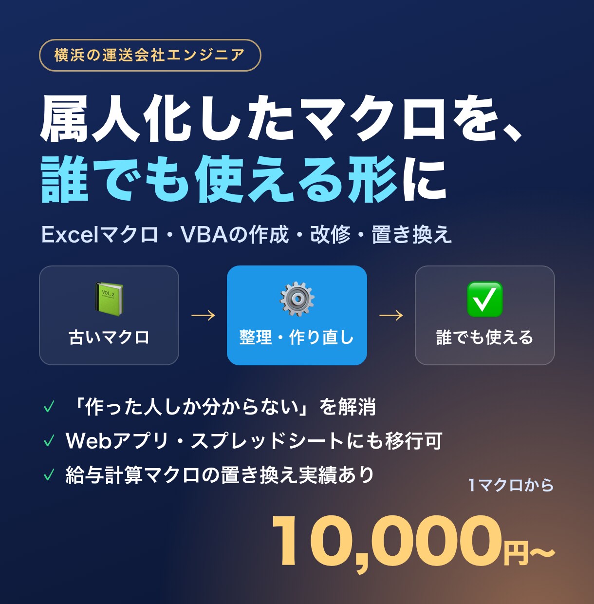 Excelマクロ・VBAの作成・置き換えをします 給与計算マクロを置き換えた実績あり。担当者が辞めても安心 イメージ1