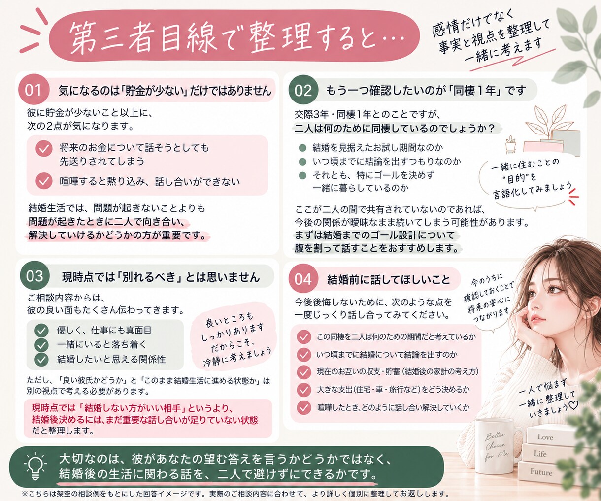この人と結婚して大丈夫？を第三者目線で整理します 好きだけど不安。必要なら耳の痛いこともお伝えします イメージ3