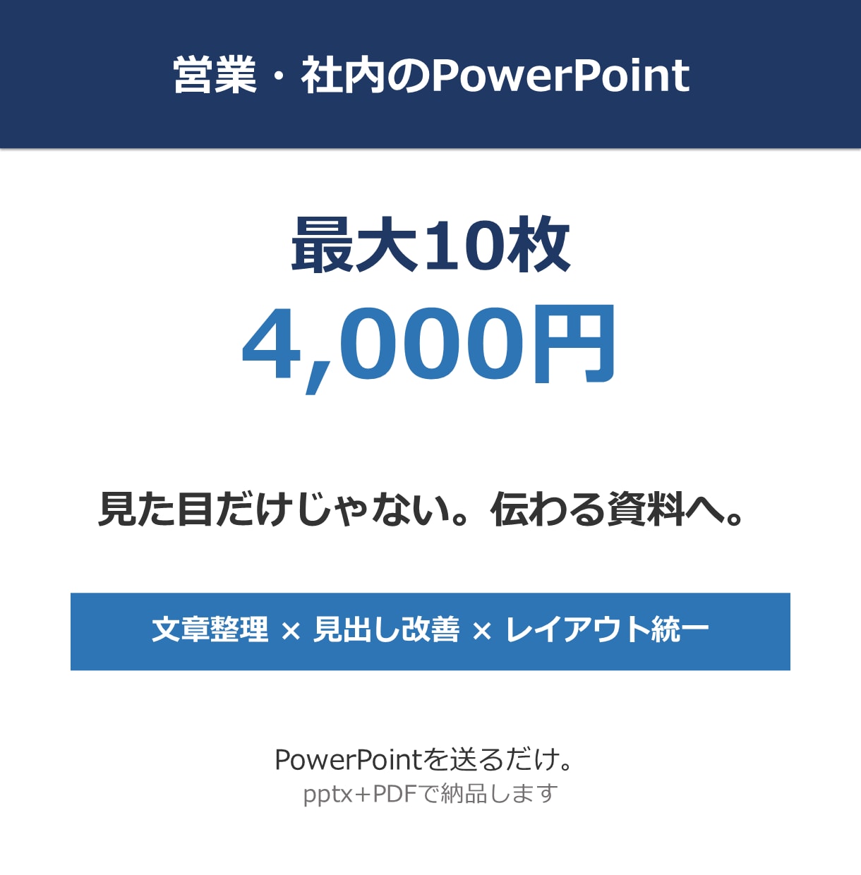 営業・社内のパワポ10枚を伝わる資料に整えます 見た目だけじゃない。文章と見出しまで整えて「伝わる資料」へ イメージ1