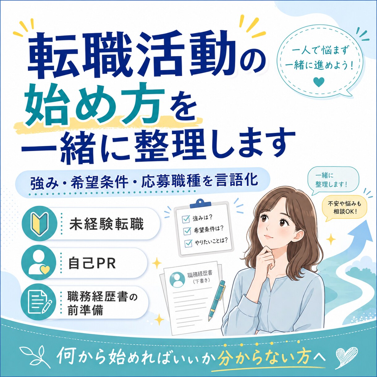 転職活動の始め方を一緒に整理します 強み・希望条件などを整理、職務経歴書を書く準備をしましょう。 イメージ1