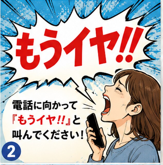 電話に向かって「もうイヤ!!」と叫べます まずは「もうイヤ!!」その一言だけで大丈夫です。 イメージ1