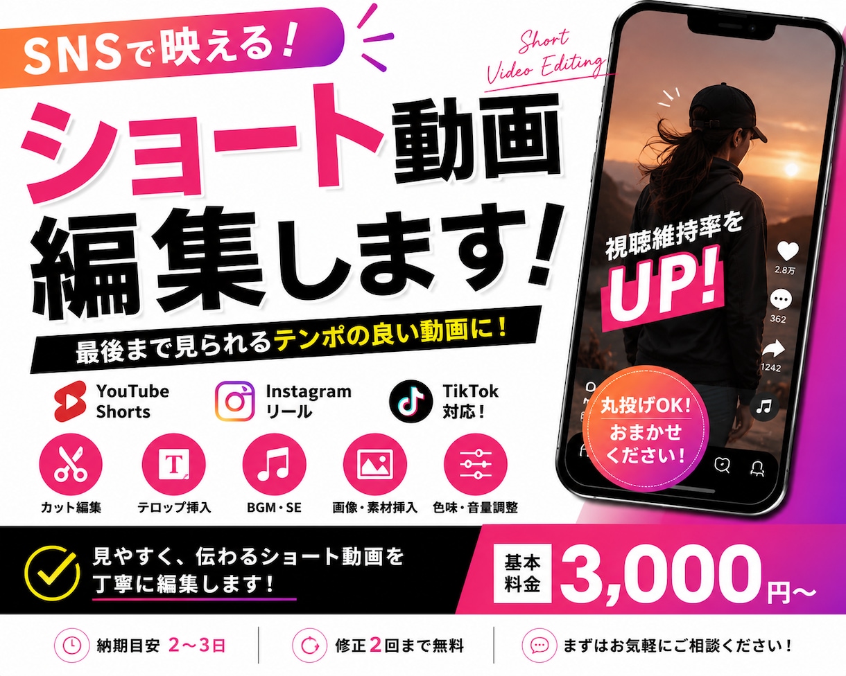 ショート動画を見やすく丁寧に編集します SNS向けショート動画を丁寧に編集します イメージ1