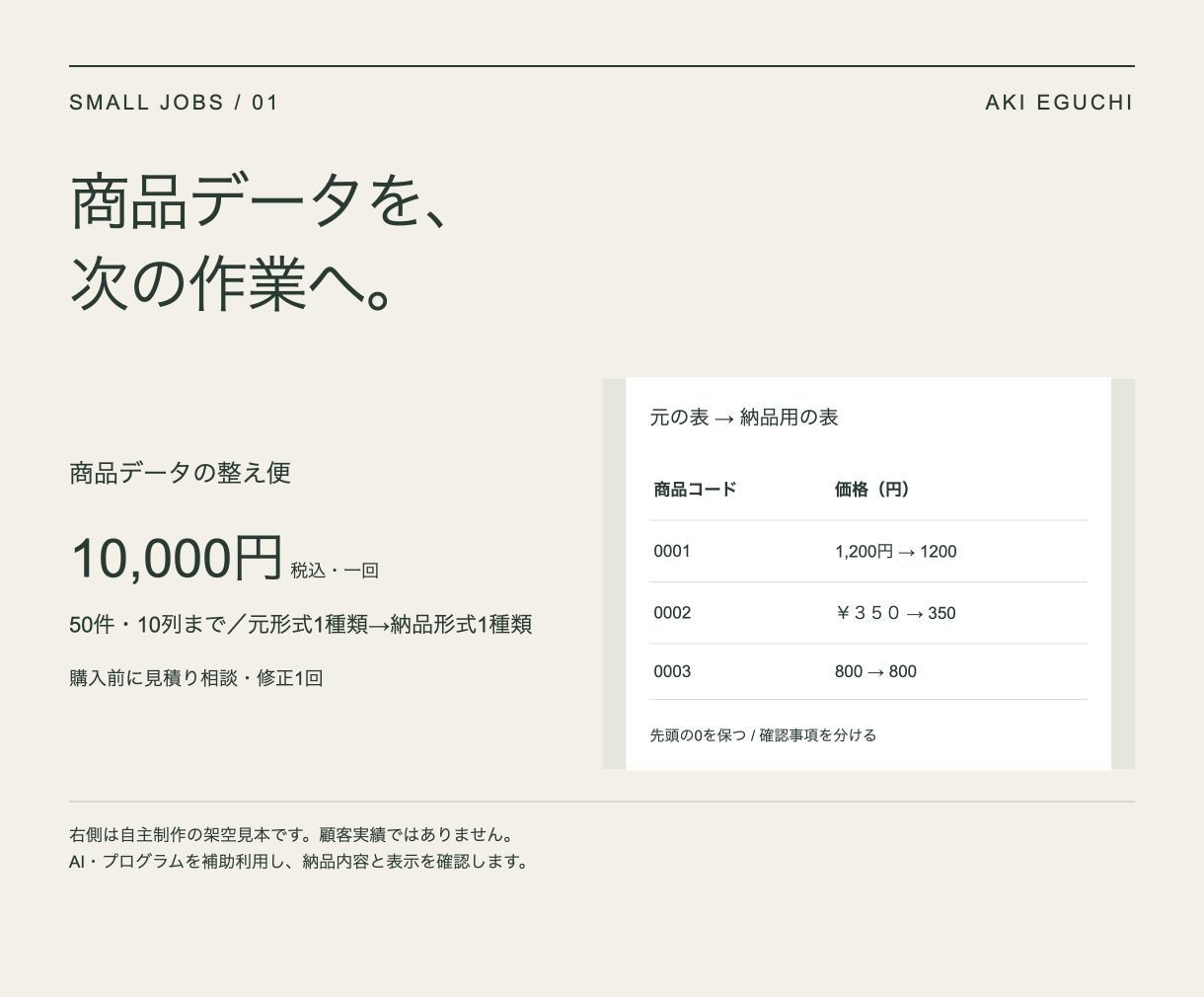 商品CSVの列と価格表記を揃えて納品します 50件まで・コードの先頭ゼロを保ち、要確認一覧も納品 イメージ1
