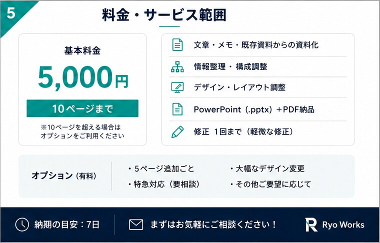 文章やメモから見やすい資料を作成します 情報整理・構成から伝わる資料に仕上げます イメージ5