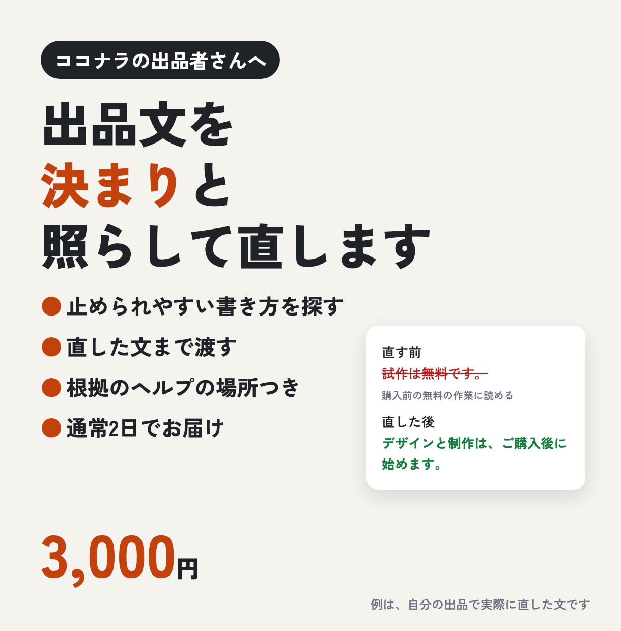 出品文をココナラの決まりと照らして直します 止められやすい書き方を探して、直した文まで渡します イメージ1
