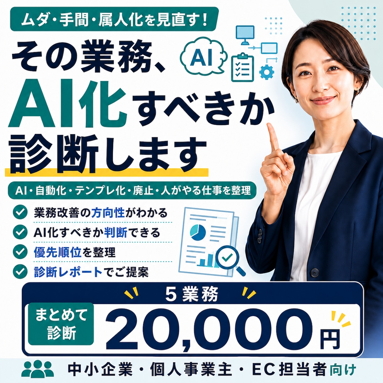 あなたの会社の「AI化できる業務」を診断しますます AI・自動化・廃止・人がやる仕事を整理します イメージ1