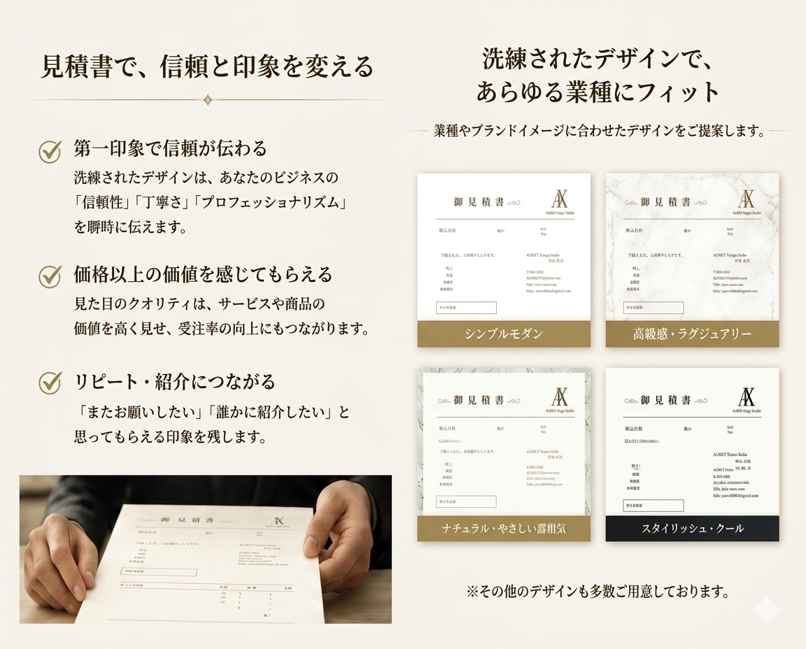 経営者必見。見積書・請求書をデザインで格を上げます 細部まで美しいデザインで、あなたのビジネスに確かな信頼を。 イメージ2