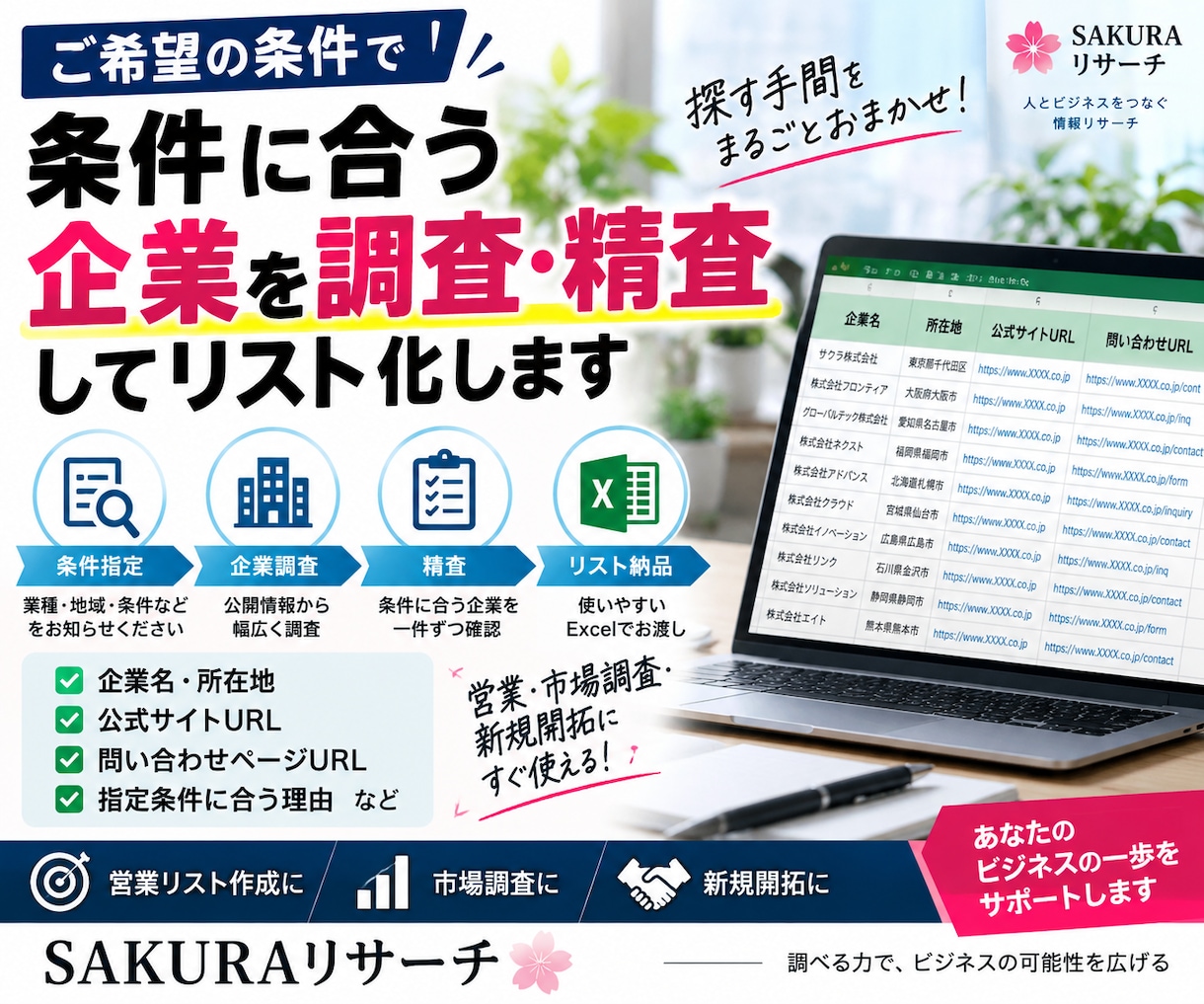 条件に合う企業を調査・精査してリスト化します 業種・地域・条件を指定して営業候補を精査 イメージ1