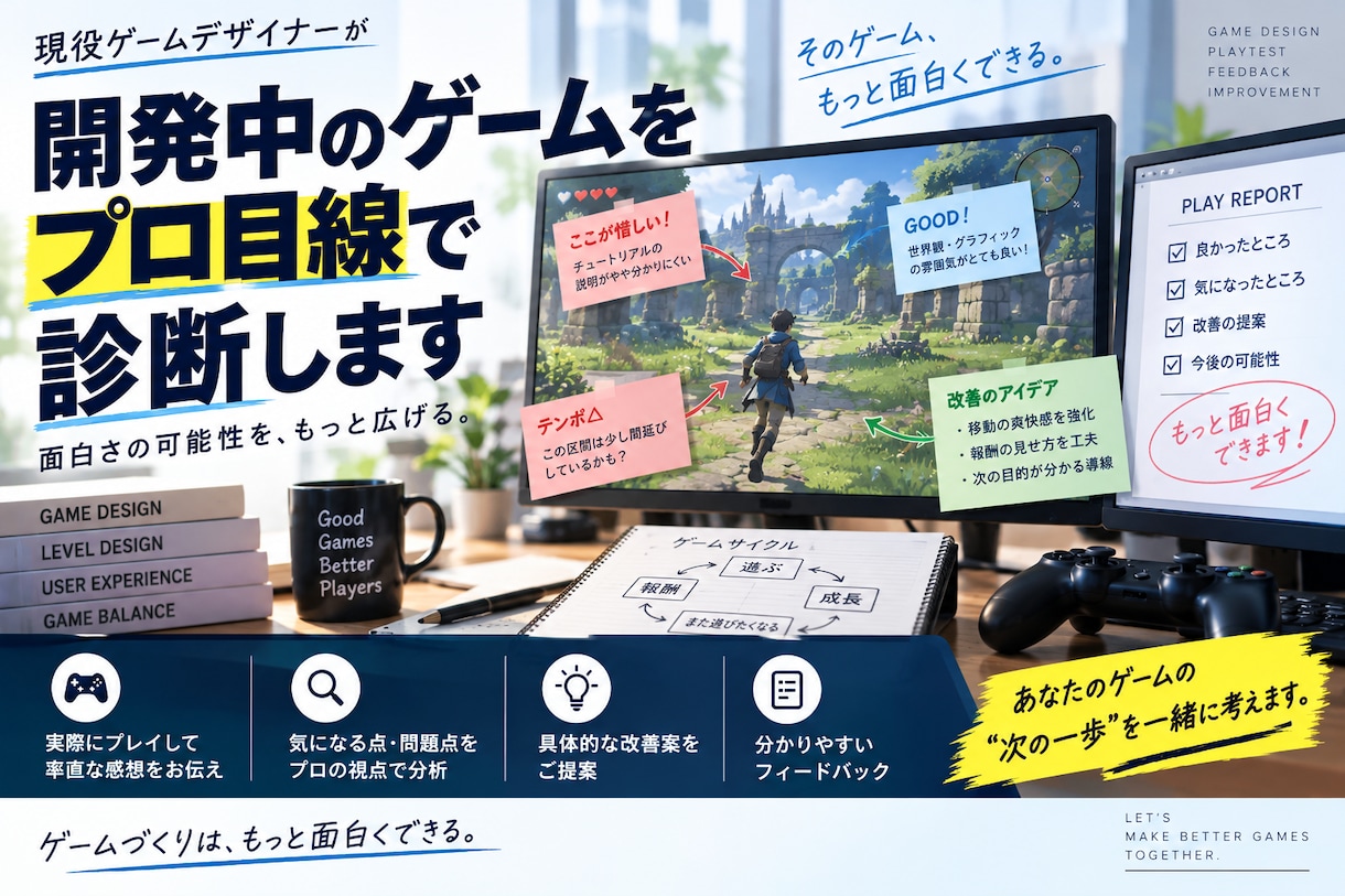 開発中のゲームをプレイして改善案を提案します 現役ゲームデザイナーがプロ目線で面白さを診断します イメージ1