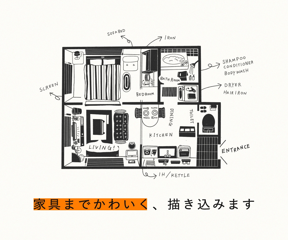 ゆるくておしゃれな手描き間取り図を作成します お部屋の魅力を、ゆるっと一枚に。家具までかわいく描き込みます イメージ2