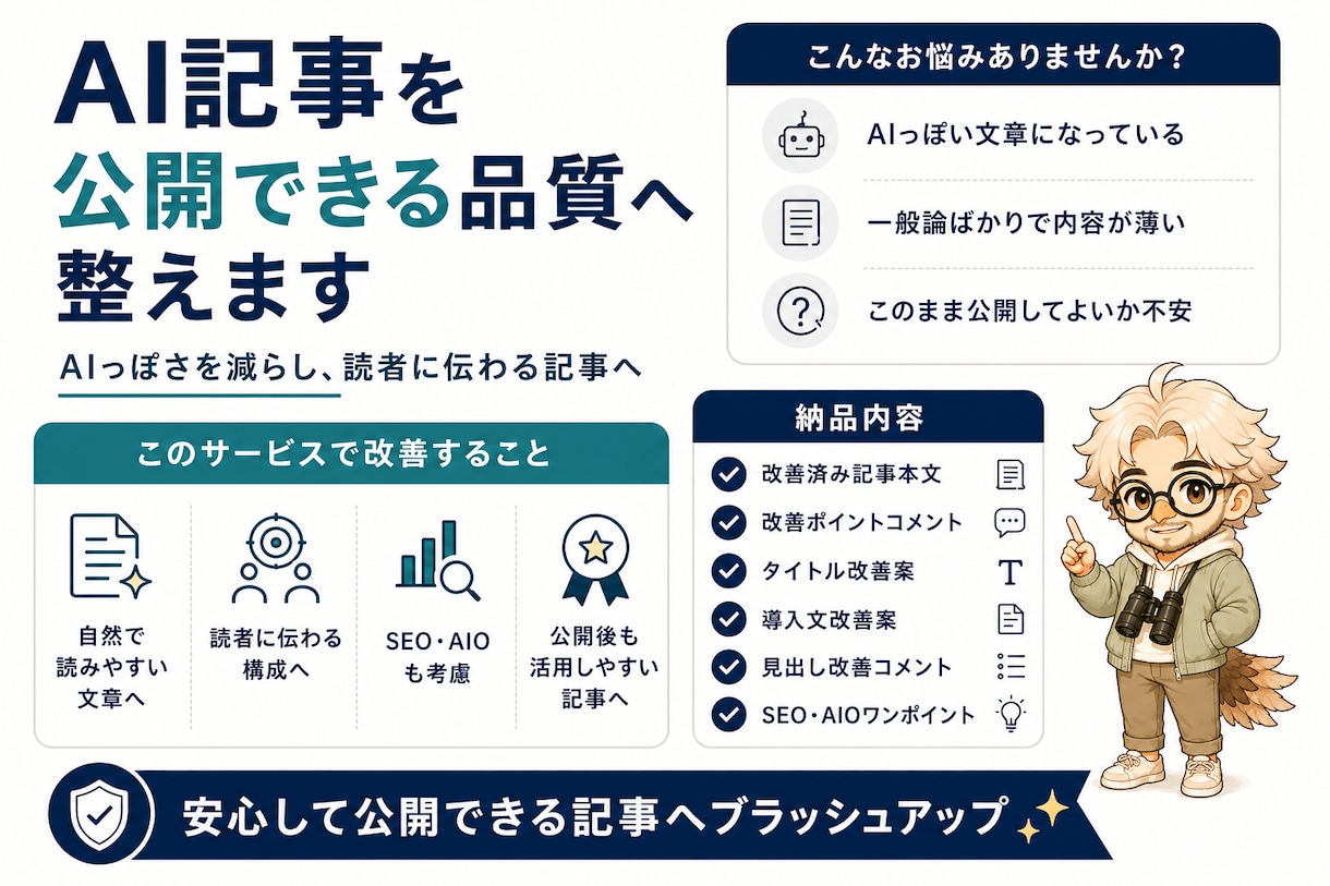 AIで作成した記事を公開できる品質へ整えます 安心して公開できる記事へブラッシュアップ イメージ1