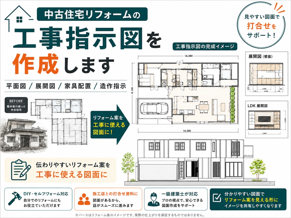 中古住宅のリフォーム工事の指示図/展開図作成します DIY/工事プラン図に最適！家具指定/配置指定詳細図も作成 イメージ1