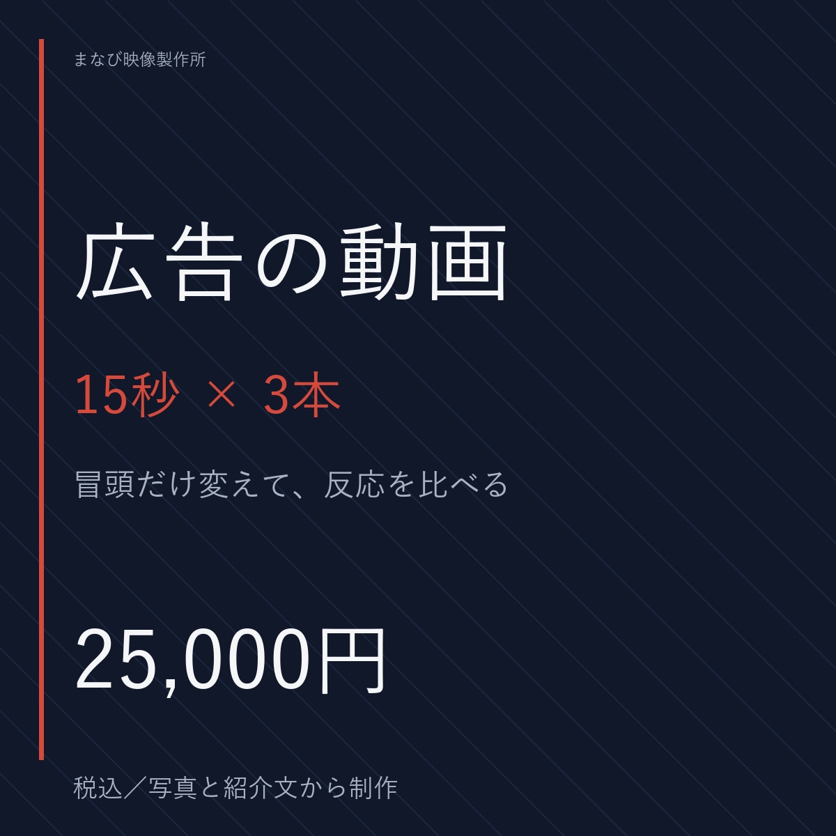 広告用の15秒動画を3本作ります 冒頭だけ変えて、反応を比べられます イメージ1