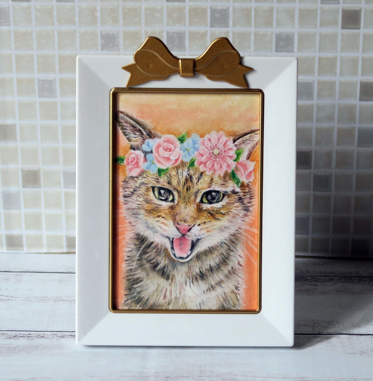 お花で飾った愛猫ちゃんのミニ肖像画を手描きします パステルの温かいタッチで可愛らしく♡リボンフレーム付きです♫ イメージ5