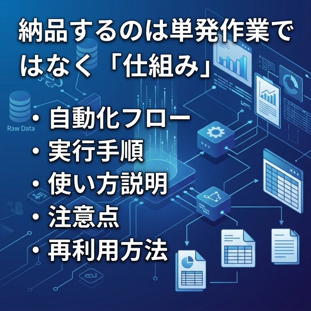 定型業務をAIで自動化する仕組みを作ります 毎回の転記・収集・レポート作成を、AI自動化フローに整えます イメージ3