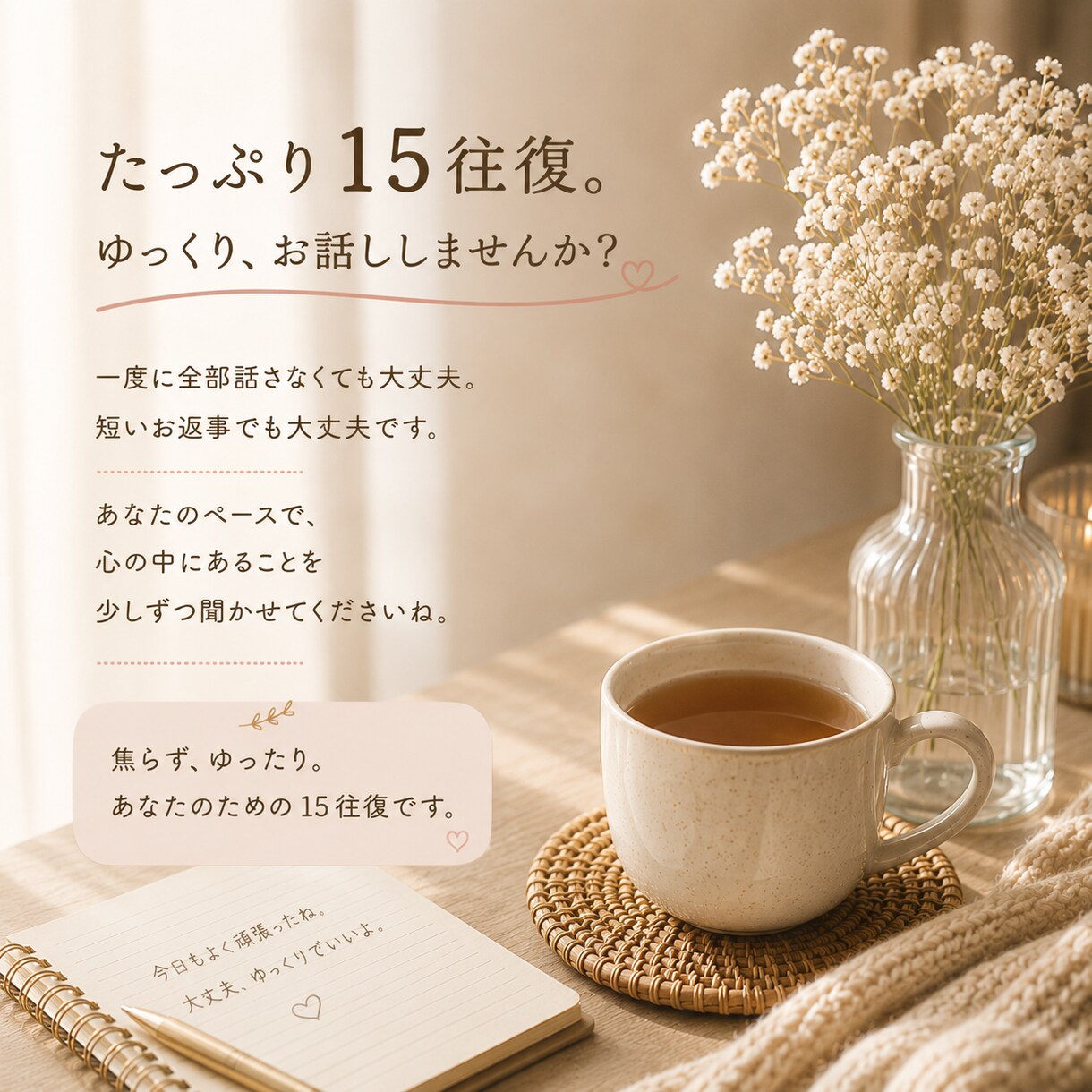 自分を後回しにしてしまうあなたに寄り添います 愚痴・悩み・本音も。たっぷり15往復お聴きします イメージ7
