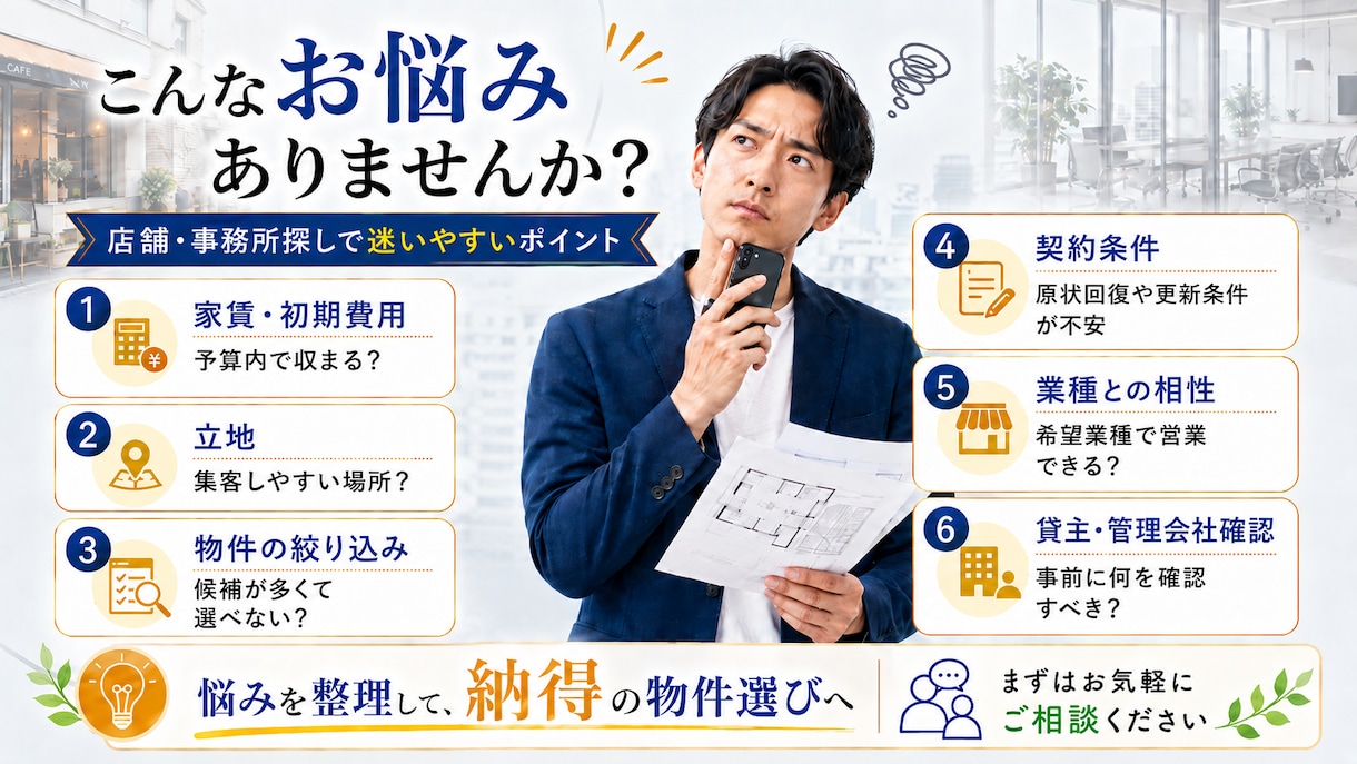 店舗・事務所探しの不安を事前相談で解消します 初めての店舗・事務所契約で失敗しないよう助言します イメージ2