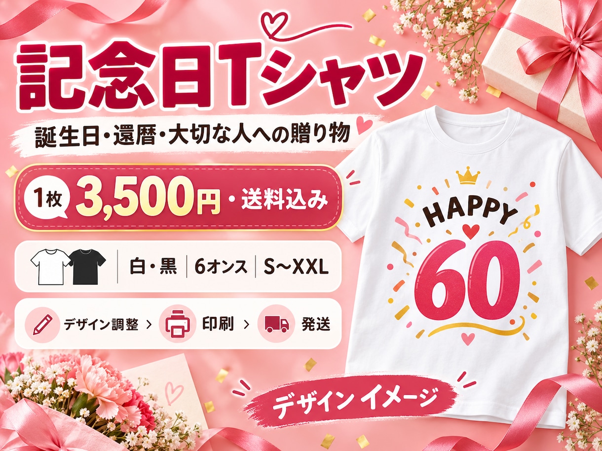 誕生日や還暦の記念Tシャツを制作します 名前・日付・メッセージを入れて贈る特別な一枚 イメージ1