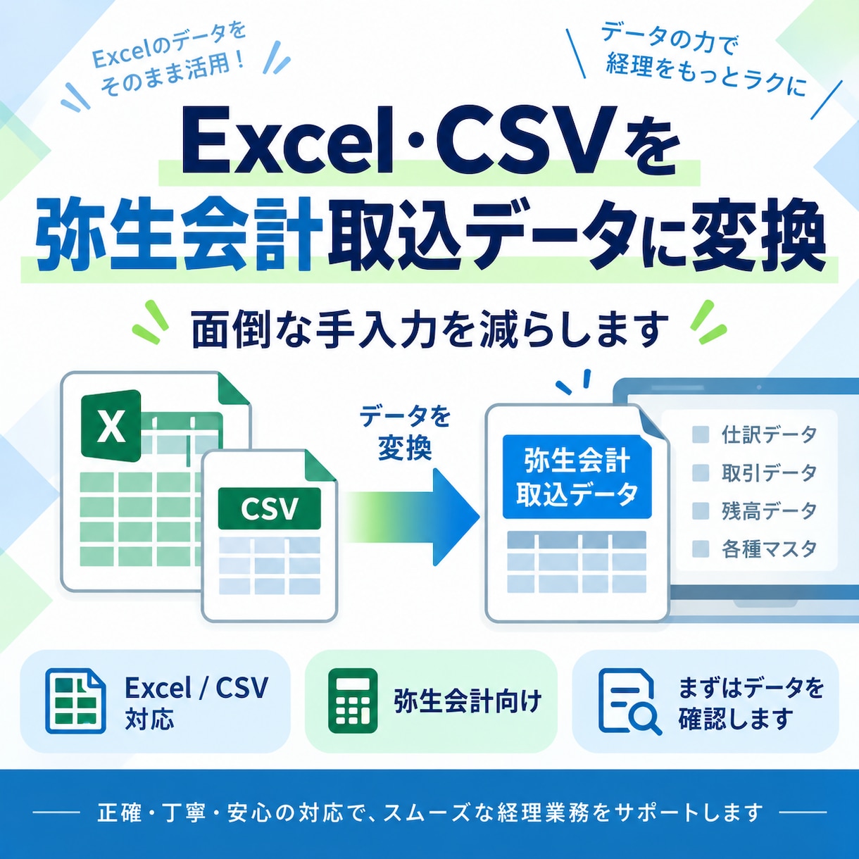 Excel・CSVを弥生会計取込形式に変換します お手元のデータを弥生会計に取り込めるCSV形式へ整えます イメージ1