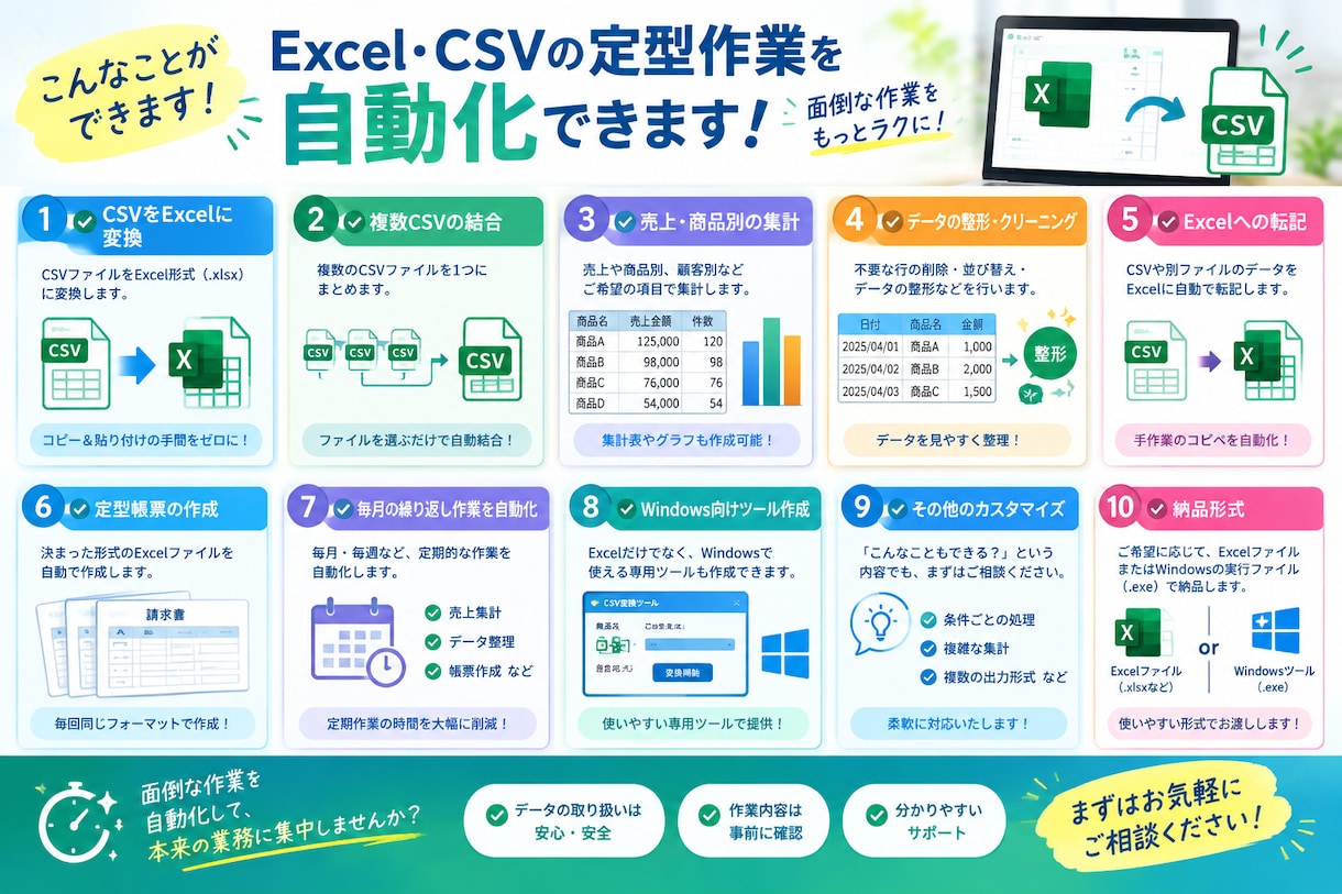 Excel・CSVの定型作業を自動化します 毎月の集計・転記・整理をラクにします イメージ3
