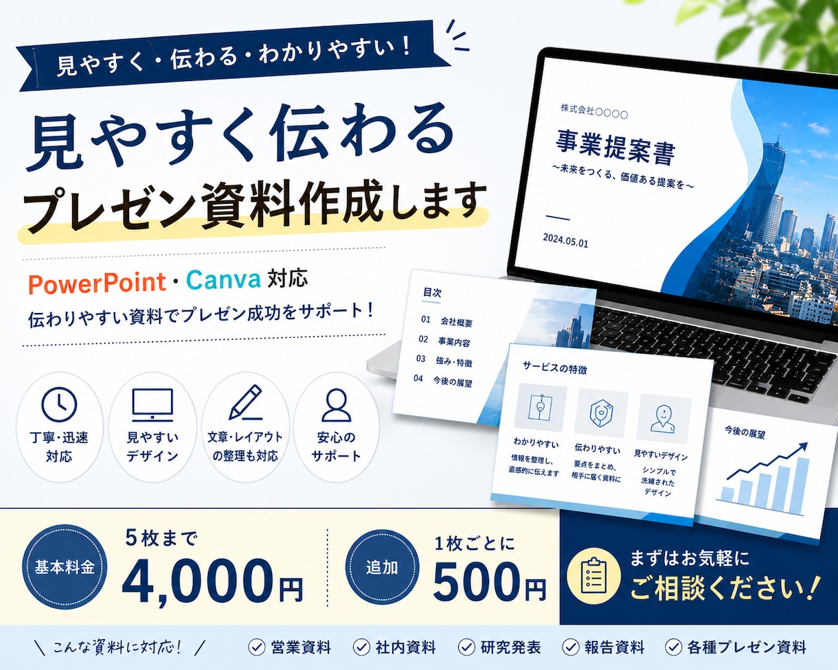 見やすく伝わる資料を作成します 伝わりやすく、見やすい資料作成でプレゼン成功をサポートします イメージ1