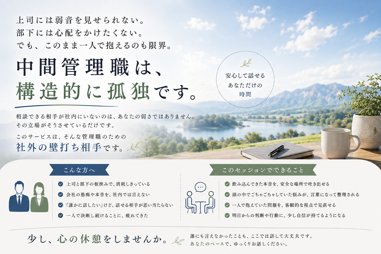 社内で言えない悩みの、壁打ち相手になります 中間管理職の「誰にも言えない」を安全に話せる30分 イメージ1