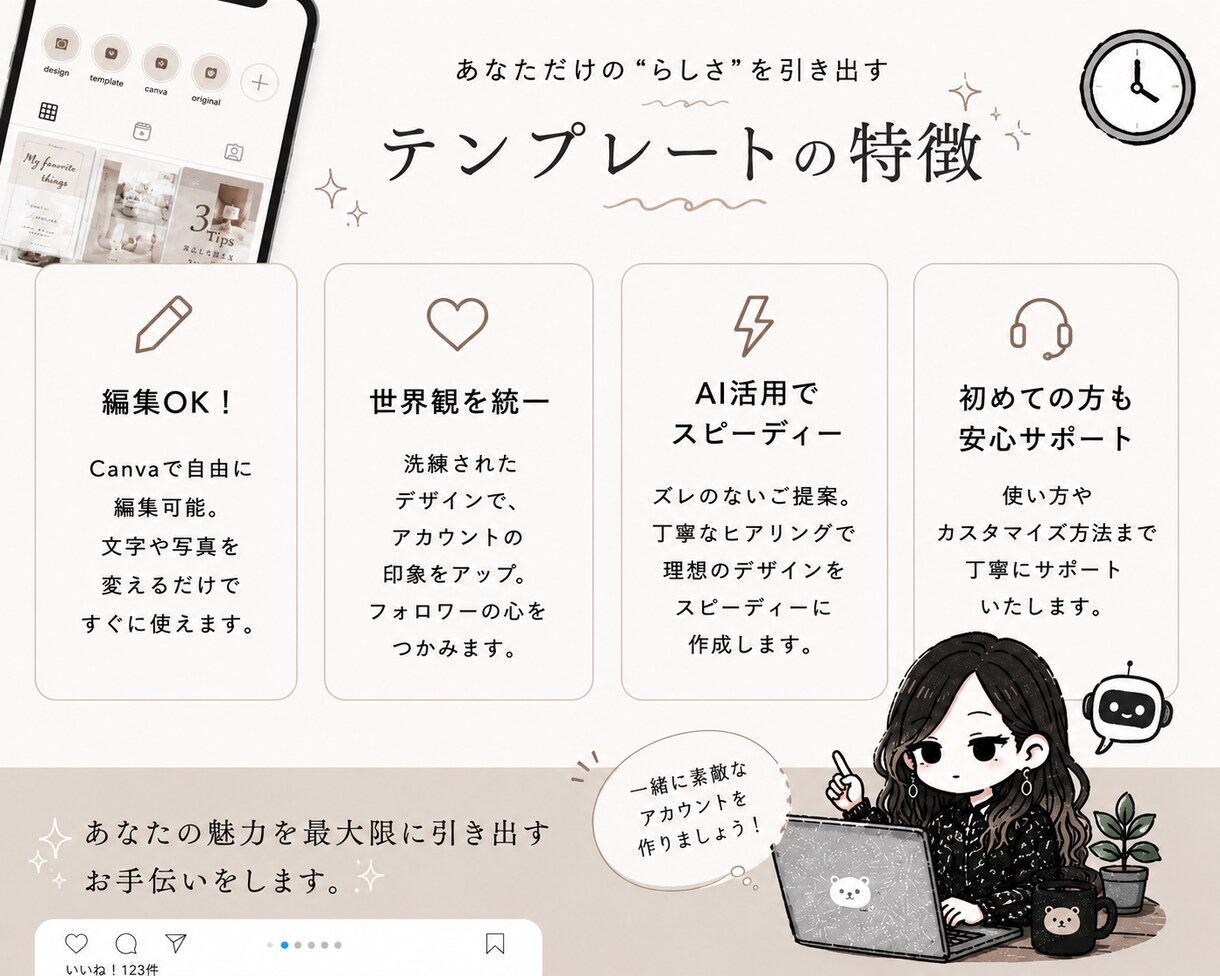 Canvaで編集できるインスタテンプレを制作します AIラフ提案で認識のズレを防ぎ、らしさが伝わるデザインへ イメージ3