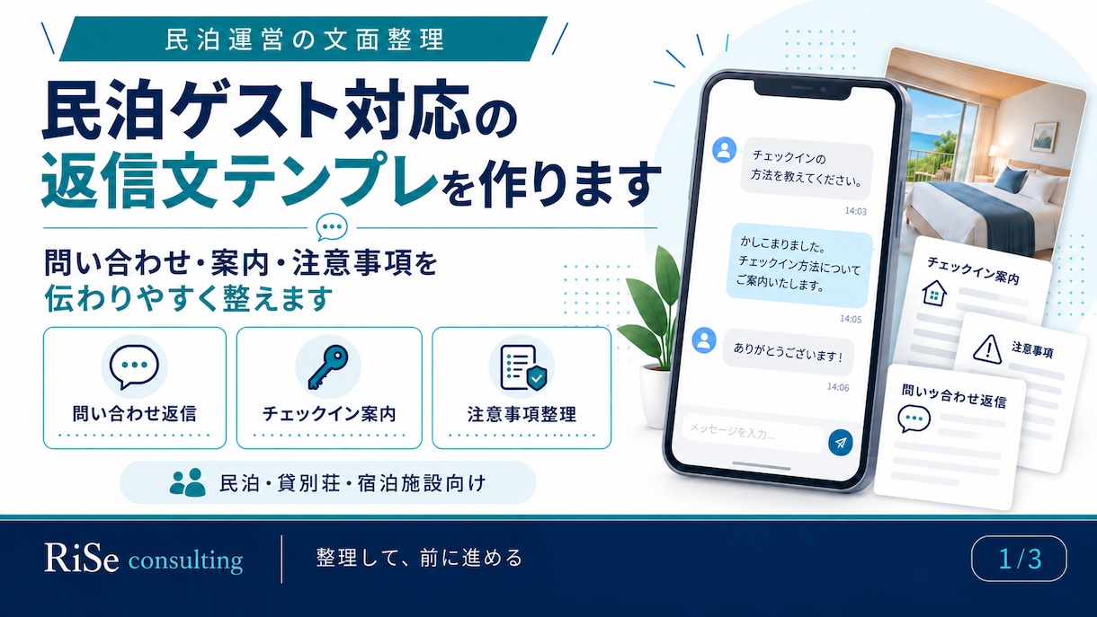 民泊ゲスト対応の返信文テンプレを作ります 問い合わせ・案内・注意事項を伝わりやすく整えます イメージ1