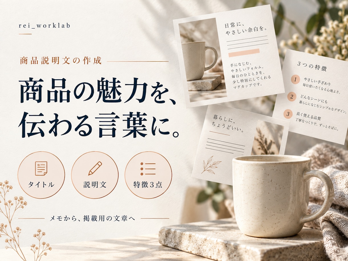 商品の魅力が伝わる説明文を3商品分作成します 箇条書きのメモから、タイトル・説明文・特徴まで一式 イメージ1