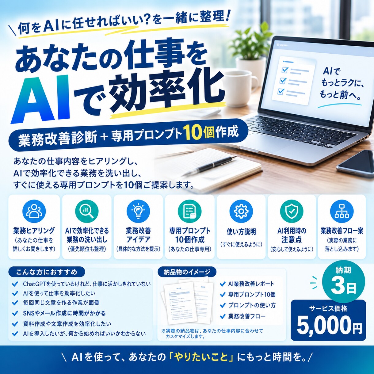 仕事をAIで効率化するプロンプト10個作ります 仕事内容を分析し、AI活用法をご提案します イメージ1