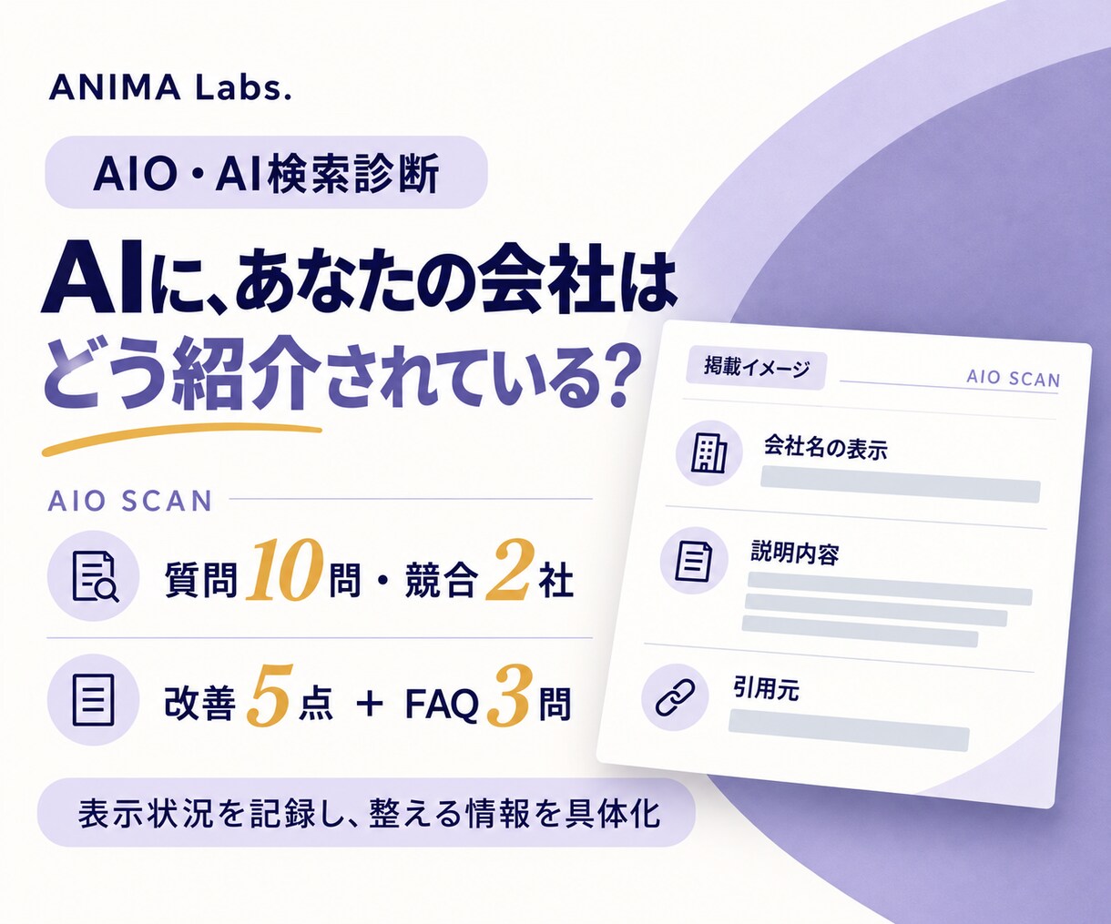 AIO・AI検索の表示状況と改善点を診断します 質問10問・競合2社で確認し、改善5点を整理 イメージ1