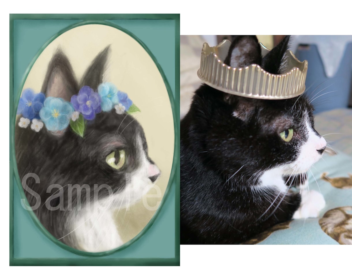 花冠で飾った愛猫さんのイラスト描きます フレームが描いてある、ふんわり可愛い肖像画風イラスト イメージ2