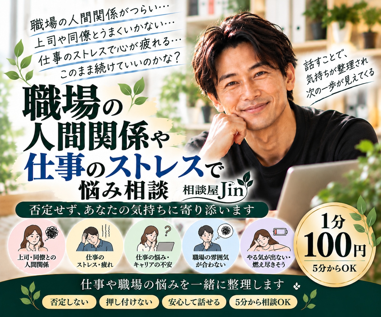 職場の人間関係や仕事のストレスを優しくお聞きします 上司・同僚との悩みや職場の不満を否定せず受け止めます イメージ1
