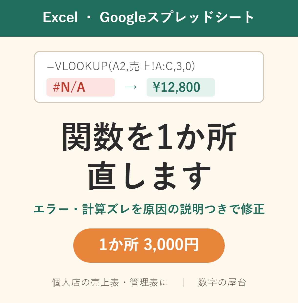 Excel・スプレッドシートの関数を1か所直します エラーや計算ズレを、原因の説明つきで修正します イメージ1
