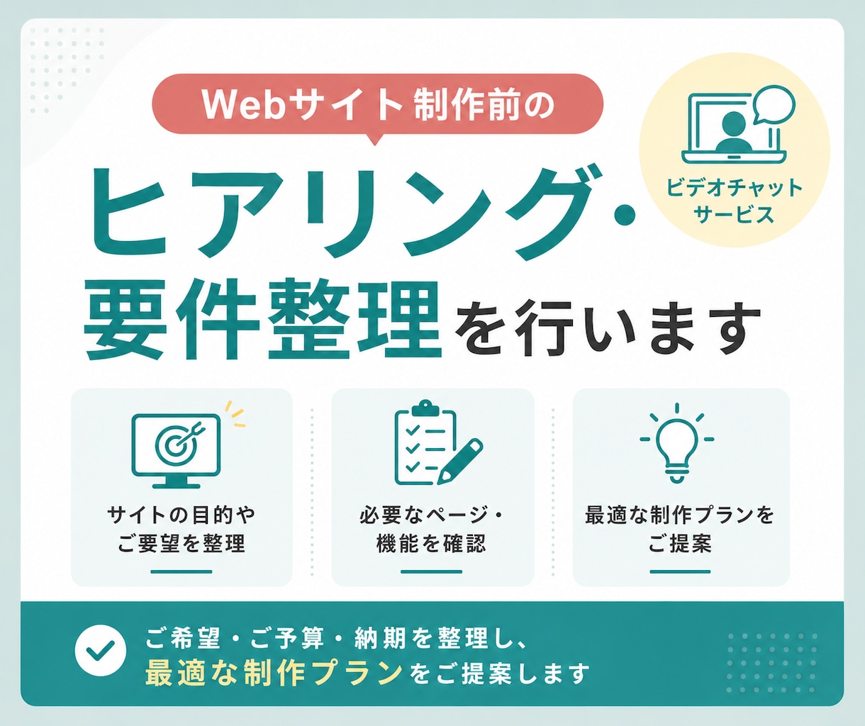 Webサイト制作前のヒアリング・要件整理を行います 制作前の不安や疑問を整理し、最適な進め方を一緒に考えます イメージ1