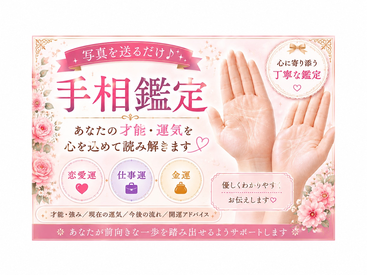 写真だけ♪手相で才能・恋愛運・仕事運を読み解きます ❁⃘*.ﾟあなたの手のひらには、未来へのヒントがあります。 イメージ1
