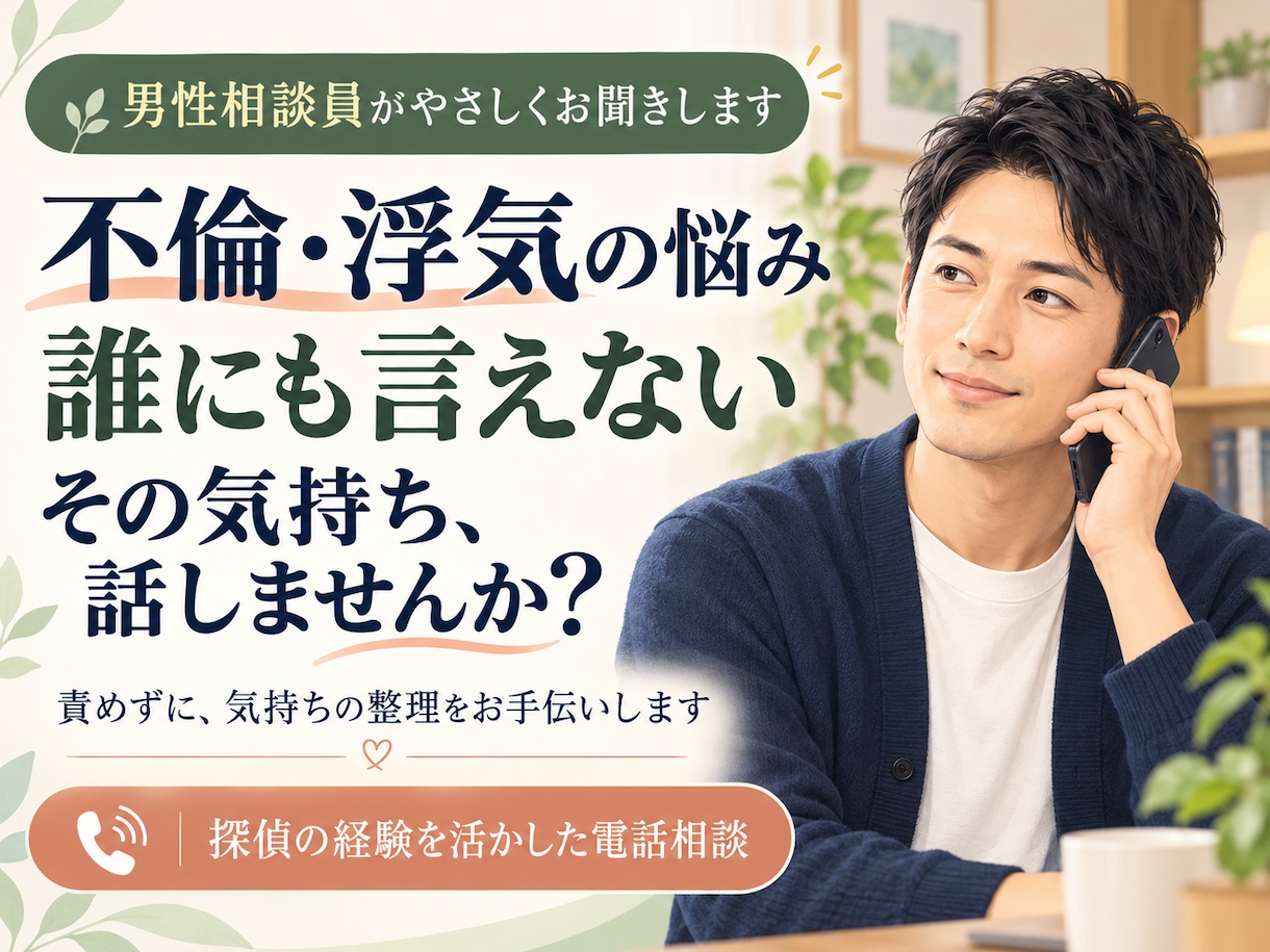 不倫・浮気をしてしまった方のお悩みをお聞きします 誰にも言えない恋や罪悪感、責めずにお聞きします イメージ1
