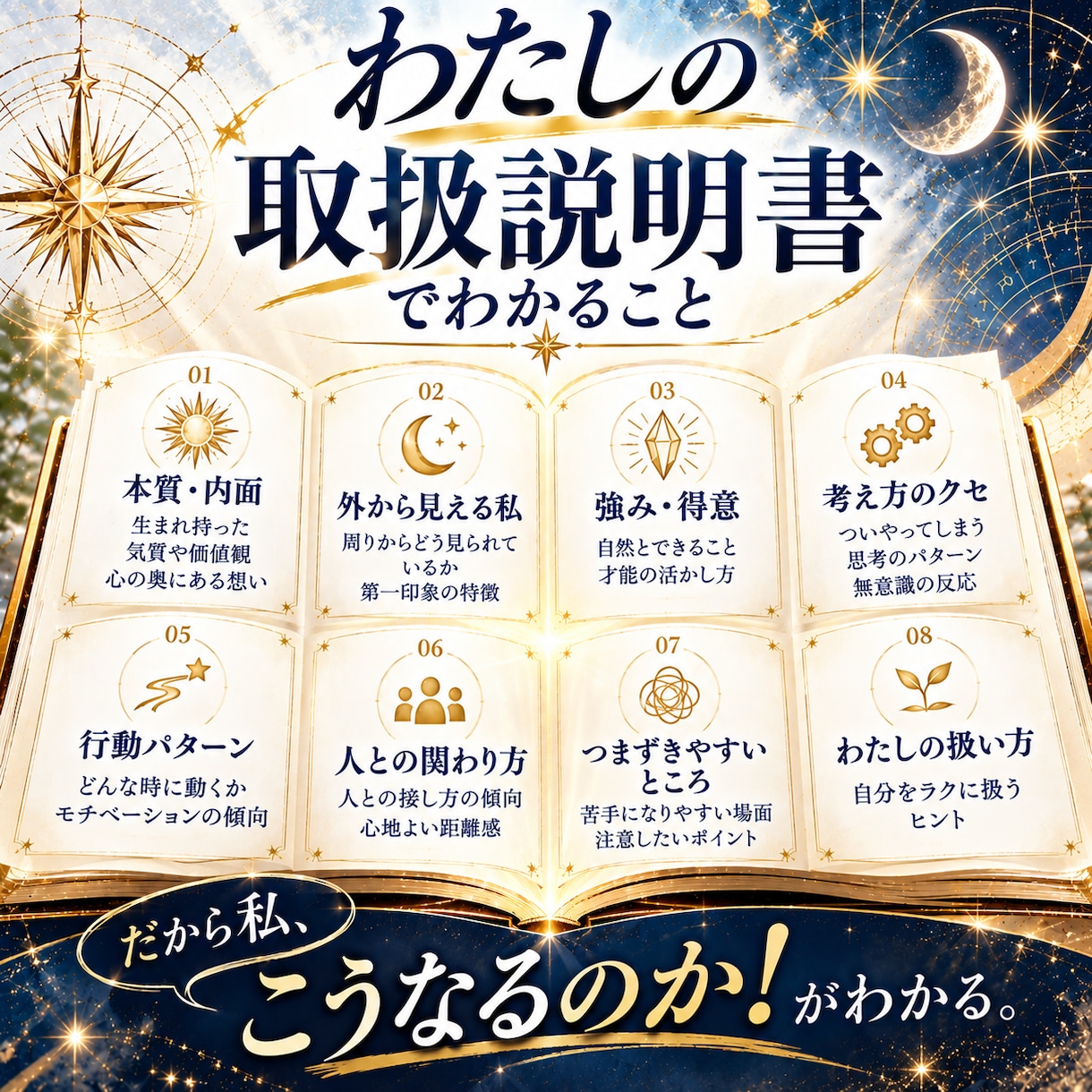 あなた専用「わたしの取扱説明書」を作ります 強みもクセも心の内側も。3つの占いで「私」をまるごと読み解く イメージ2