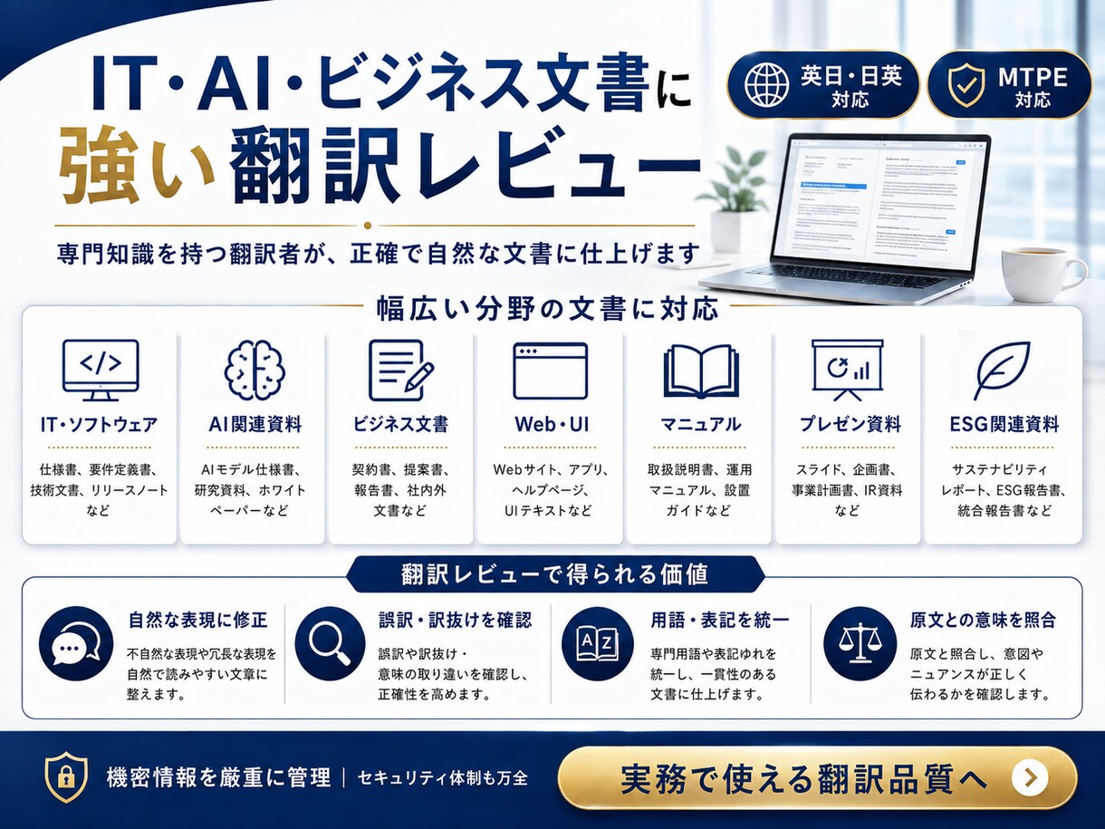 AI翻訳・機械翻訳を自然で正確に修正します 誤訳・訳抜け・不自然な表現を原文と照合します イメージ3